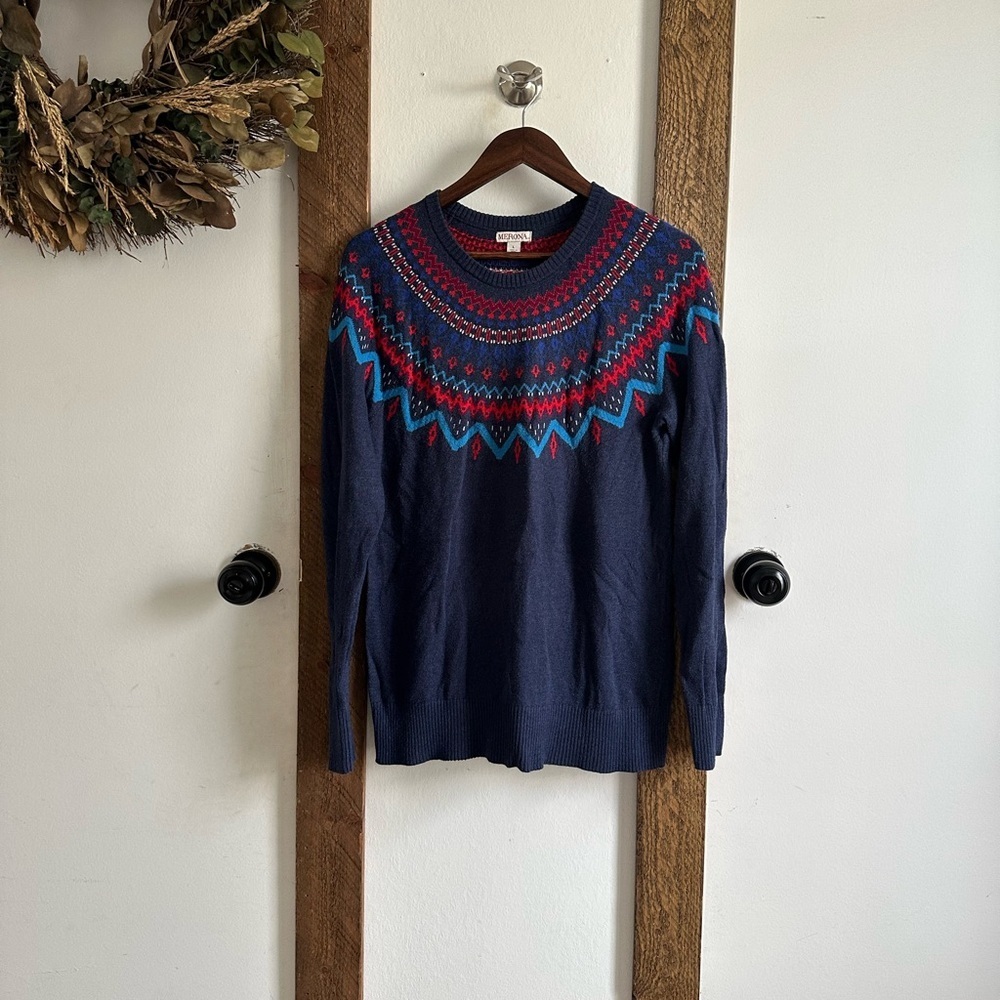 Merona Womens Navy Blue Geometric Knit Sweater Long Sleeve Pullover Size Large